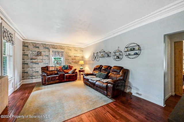 living room featuring plenty of natural light, crown molding, and dark wood-type flooring