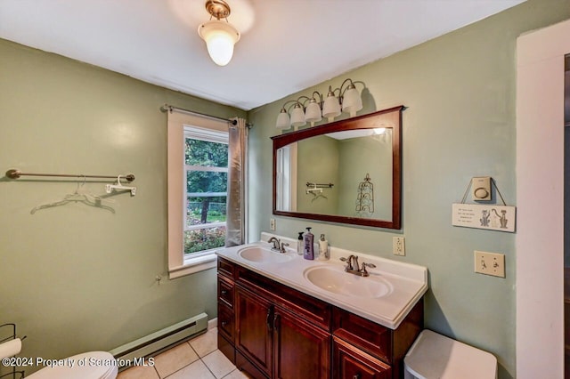 bathroom featuring toilet, vanity, tile patterned floors, and baseboard heating