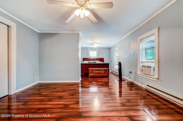 bedroom with baseboard heating, cooling unit, dark hardwood / wood-style floors, and ornamental molding