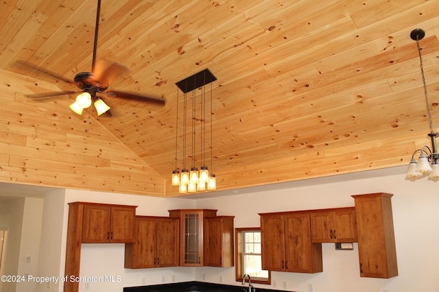 room details featuring ceiling fan, sink, hanging light fixtures, and wood ceiling