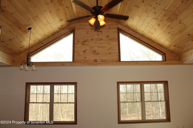 interior details featuring beam ceiling, ceiling fan with notable chandelier, and wooden ceiling