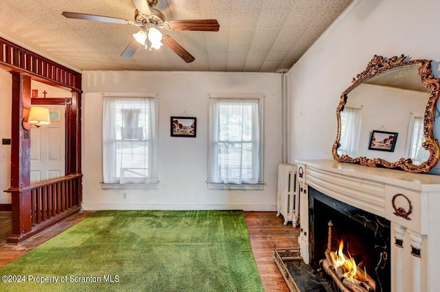 unfurnished room featuring ceiling fan, radiator heating unit, and a premium fireplace