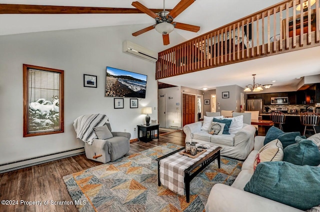 living room featuring high vaulted ceiling, a baseboard heating unit, a wall mounted AC, hardwood / wood-style floors, and ceiling fan with notable chandelier