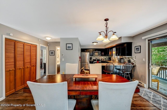 dining area with sink, dark wood-type flooring, and an inviting chandelier