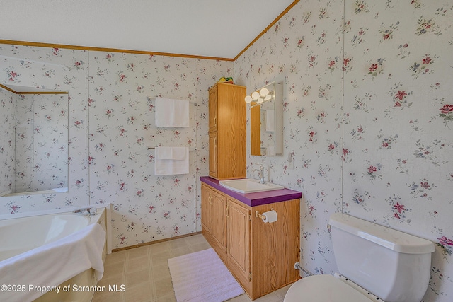 815 Svecz Rd, Union Dale, PA 18470 - full bathroom featuring a bath, toilet, crown molding, vaulted ceiling, and wallpapered walls