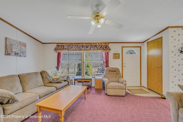 815 Svecz Rd, Union Dale, PA 18470 - carpeted living area with a textured ceiling, crown molding, and ceiling fan