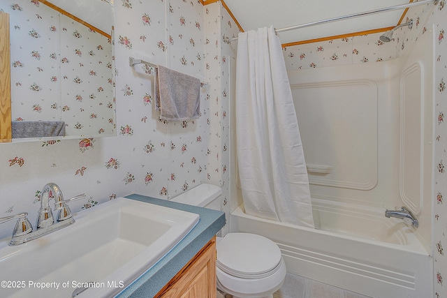 815 Svecz Rd, Union Dale, PA 18470 - bathroom with shower / tub combo, toilet, vanity, and wallpapered walls