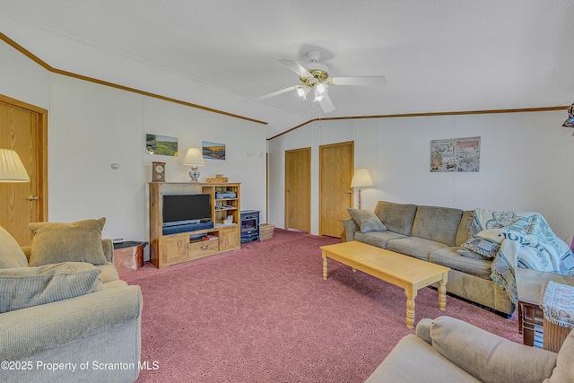 815 Svecz Rd, Union Dale, PA 18470 - living area featuring lofted ceiling, a ceiling fan, ornamental molding, and carpet floors