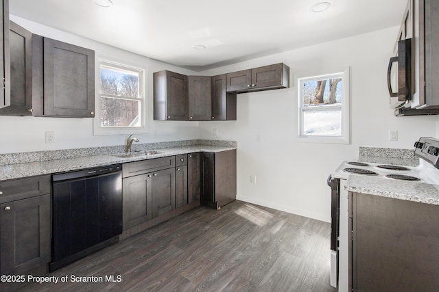 kitchen with sink, electric range, light stone counters, black dishwasher, and dark hardwood / wood-style flooring