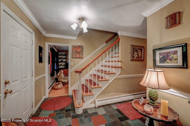 7 Lakeside Dr, Clarks Summit, PA 18411 - entrance foyer featuring a baseboard radiator, stairway, crown molding, and baseboards