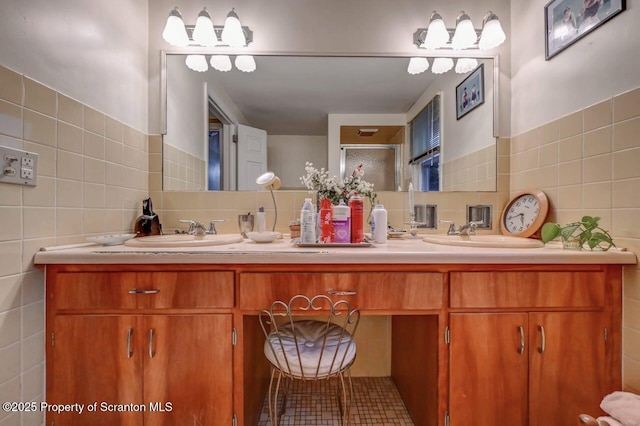 7 Lakeside Dr, Clarks Summit, PA 18411 - bathroom featuring tile walls, a stall shower, and double vanity