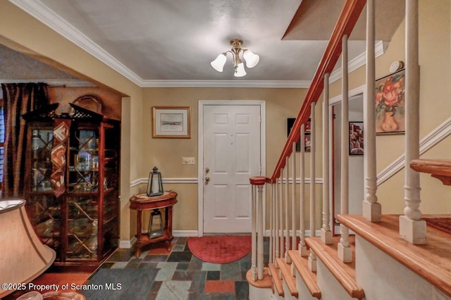 7 Lakeside Dr, Clarks Summit, PA 18411 - entryway featuring stairs, crown molding, and baseboards