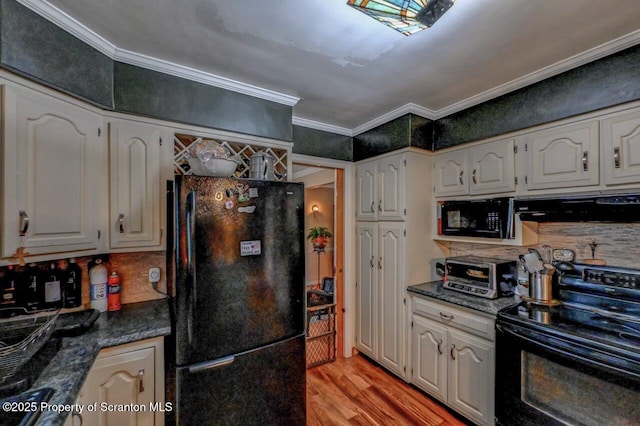 7 Lakeside Dr, Clarks Summit, PA 18411 - kitchen with black appliances, ventilation hood, dark countertops, ornamental molding, and tasteful backsplash