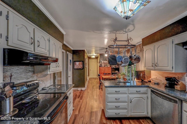 7 Lakeside Dr, Clarks Summit, PA 18411 - kitchen featuring black range with electric cooktop, stainless steel dishwasher, under cabinet range hood, a peninsula, and light wood finished floors