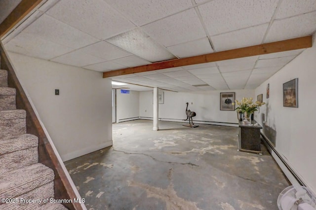 7 Lakeside Dr, Clarks Summit, PA 18411 - finished below grade area with baseboard heating, a drop ceiling, baseboards, and stairs