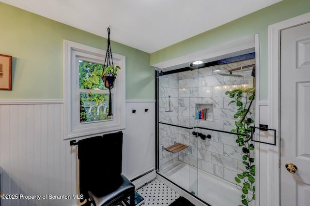 7 Lakeside Dr, Clarks Summit, PA 18411 - bathroom featuring a stall shower and a wainscoted wall