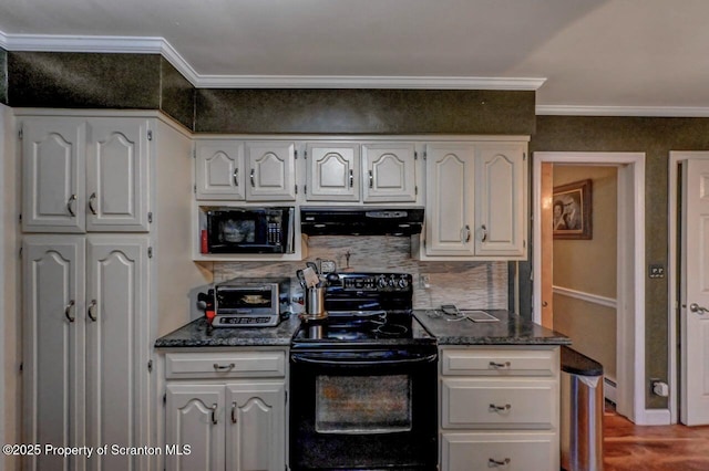 7 Lakeside Dr, Clarks Summit, PA 18411 - kitchen with black appliances, ventilation hood, ornamental molding, tasteful backsplash, and white cabinets