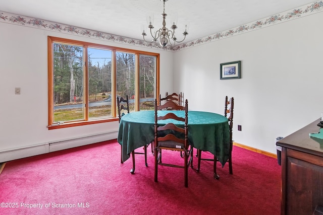 410 Lake Spangenberg Rd, Jefferson Twp, PA 18436 - dining room with a chandelier, carpet floors, a baseboard heating unit, and baseboards