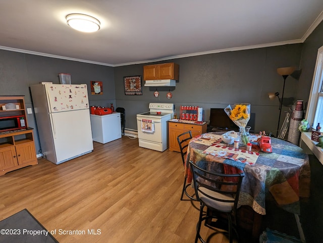 121 Sand St, Dunmore, PA 18510 - kitchen featuring white appliances, light wood-style flooring, under cabinet range hood, crown molding, and washer / clothes dryer