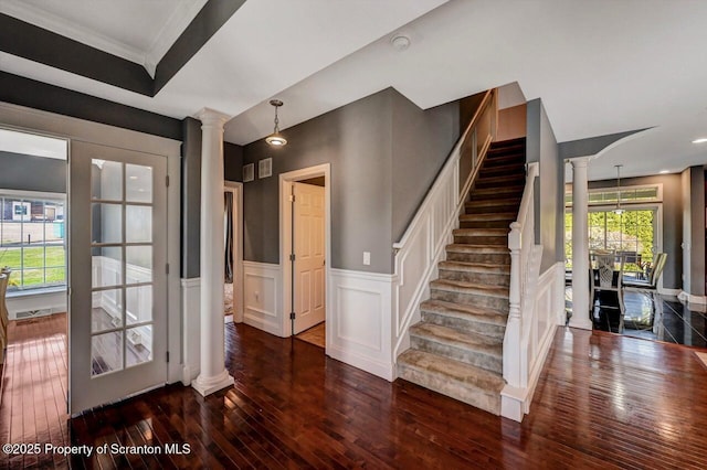 1015 Circle Green Dr Unit L 25, South Abington Twp, PA 18411 - stairway with decorative columns, hardwood / wood-style flooring, wainscoting, ornamental molding, and a decorative wall