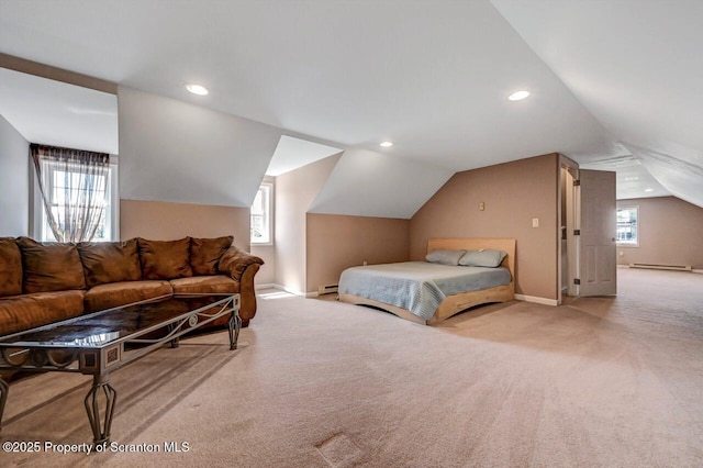 1015 Circle Green Dr Unit L 25, South Abington Twp, PA 18411 - bedroom with lofted ceiling, carpet floors, a baseboard heating unit, baseboards, and recessed lighting