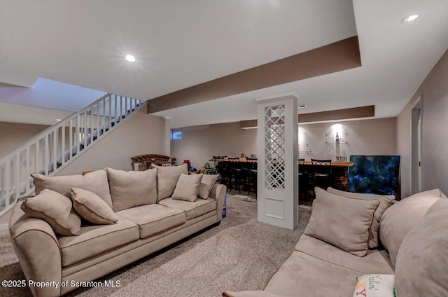 1015 Circle Green Dr Unit L 25, South Abington Twp, PA 18411 - living room with carpet flooring, stairway, and recessed lighting