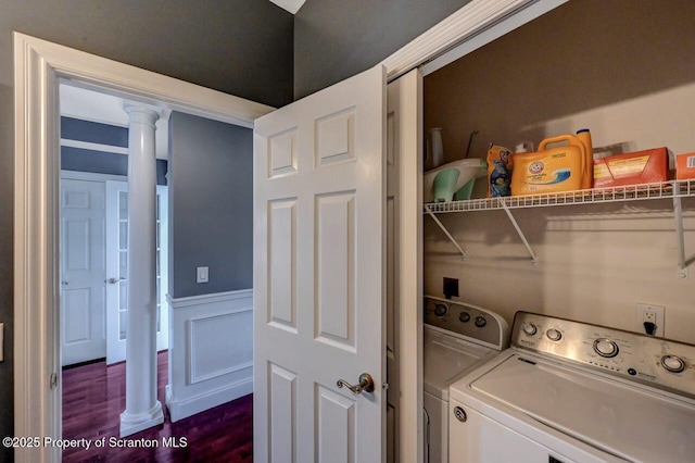 1015 Circle Green Dr Unit L 25, South Abington Twp, PA 18411 - laundry area featuring separate washer and dryer, dark wood finished floors, wainscoting, and ornate columns