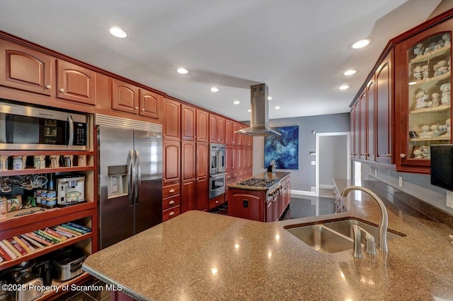 1015 Circle Green Dr Unit L 25, South Abington Twp, PA 18411 - kitchen featuring appliances with stainless steel finishes, a sink, island exhaust hood, a kitchen island, and baseboards