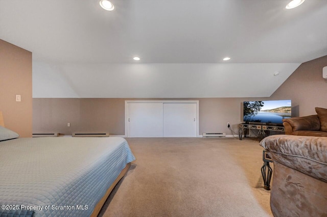 1015 Circle Green Dr Unit L 25, South Abington Twp, PA 18411 - carpeted bedroom with a baseboard heating unit, vaulted ceiling, and recessed lighting