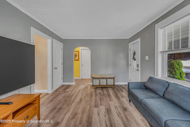115 Marion St, Old Forge, PA 18518 - living area with arched walkways, light wood-style floors, baseboards, and crown molding