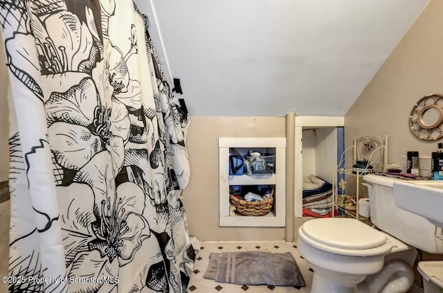 bathroom featuring lofted ceiling and toilet