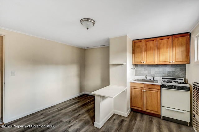 kitchen featuring sink, backsplash, dark hardwood / wood-style flooring, and gas range gas stove