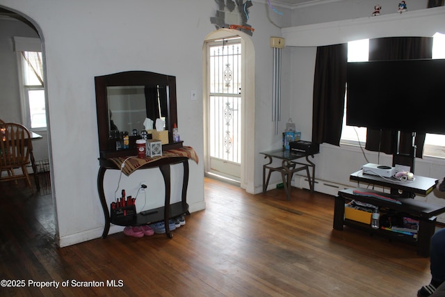 interior space featuring baseboards, arched walkways, baseboard heating, and wood finished floors