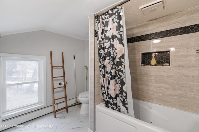 bathroom with shower / bathtub combination with curtain, a baseboard radiator, lofted ceiling, and toilet