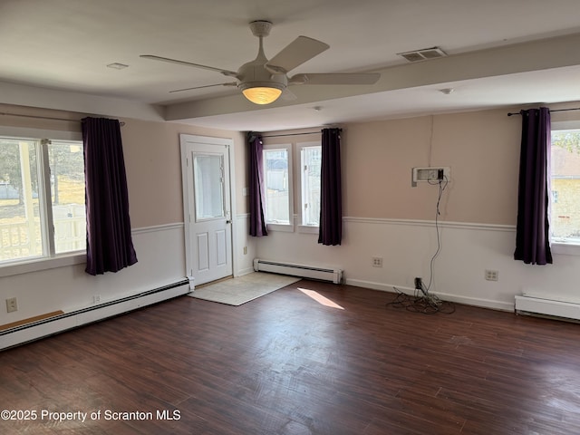 foyer entrance with a ceiling fan, wood finished floors, visible vents, and a baseboard radiator