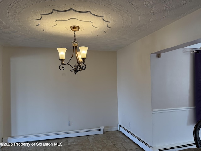 empty room with a chandelier, a textured ceiling, and a baseboard radiator