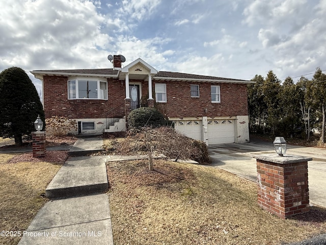 single story home with an attached garage, brick siding, a chimney, and driveway