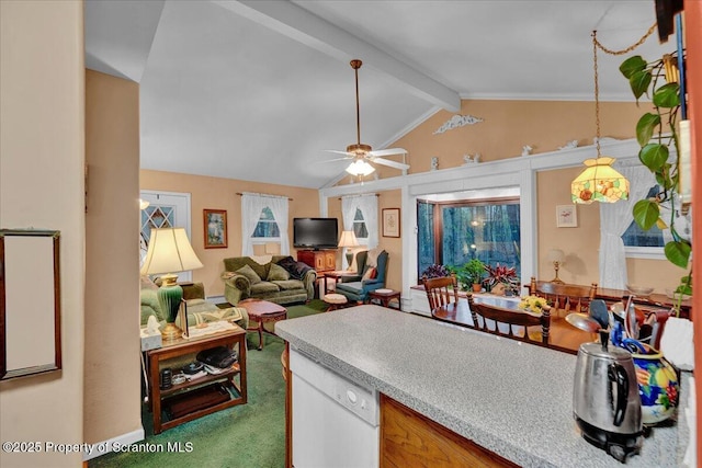 13 S Lehigh River Dr, Clifton Twp, PA 18424 - kitchen featuring ceiling fan, carpet, and decorative light fixtures