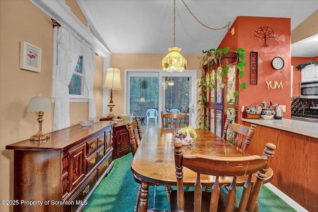 13 S Lehigh River Dr, Clifton Twp, PA 18424 - carpeted dining area featuring vaulted ceiling