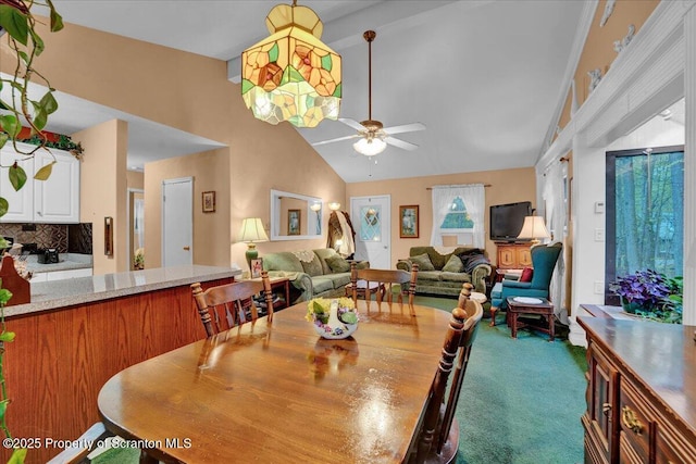 13 S Lehigh River Dr, Clifton Twp, PA 18424 - carpeted dining room featuring high vaulted ceiling and ceiling fan