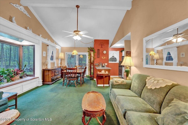 13 S Lehigh River Dr, Clifton Twp, PA 18424 - carpeted living area featuring ceiling fan, high vaulted ceiling, and beamed ceiling