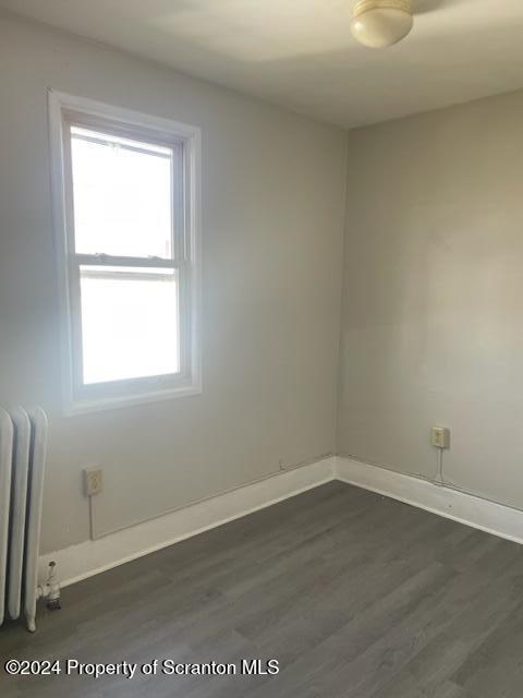 empty room featuring plenty of natural light, radiator heating unit, and dark wood-type flooring