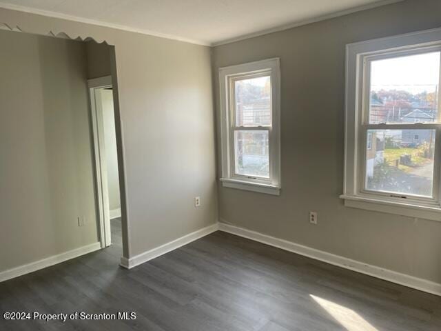 empty room featuring dark hardwood / wood-style floors, a healthy amount of sunlight, and crown molding