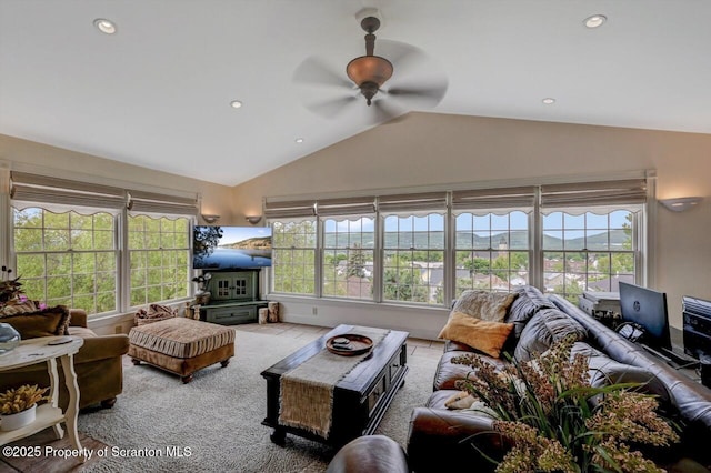 214 Oak St, Dunmore, PA 18512 - living room featuring ceiling fan, lofted ceiling, recessed lighting, and carpet floors
