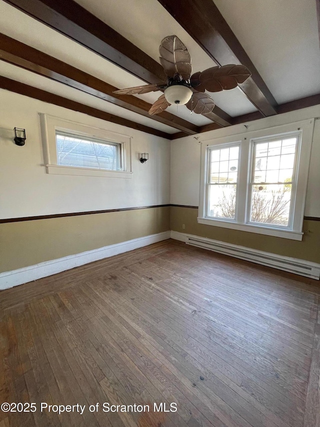 spare room featuring ceiling fan, a baseboard radiator, hardwood / wood-style flooring, baseboards, and beam ceiling