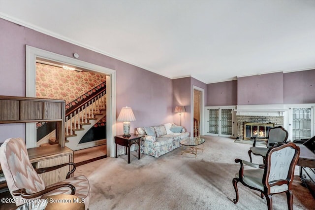 1614 Jefferson Ave, Dunmore, PA 18509 - carpeted living area featuring stairs, a fireplace, and crown molding