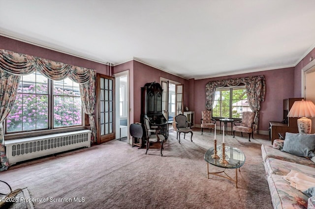 1614 Jefferson Ave, Dunmore, PA 18509 - living area featuring radiator, ornamental molding, and carpet
