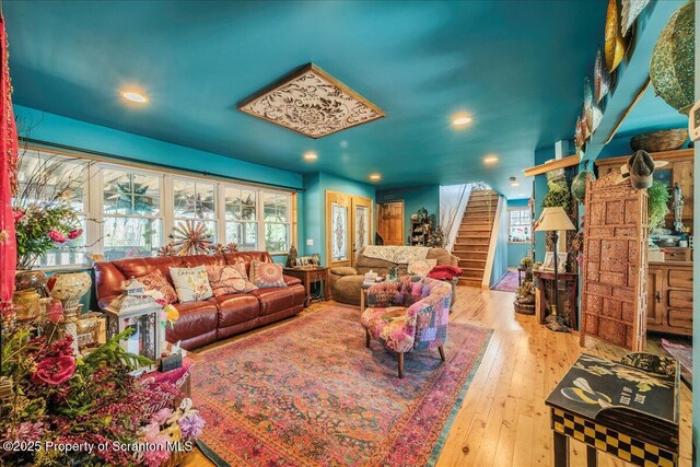 2119 Vacation Ln, Pocono Summit, PA 18346 - living area with stairs, recessed lighting, and hardwood / wood-style floors