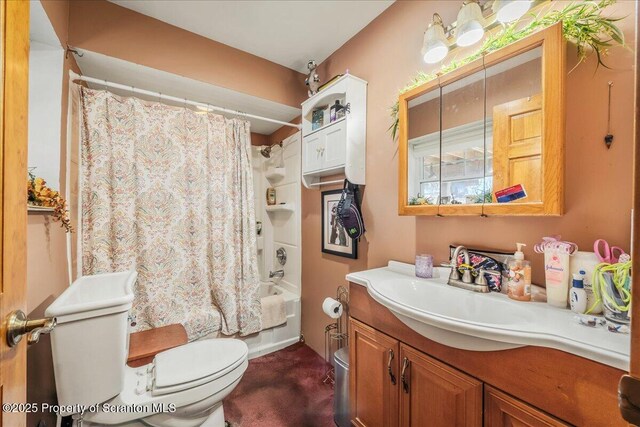 2119 Vacation Ln, Pocono Summit, PA 18346 - full bathroom featuring toilet, vanity, and shower / bath combination with curtain