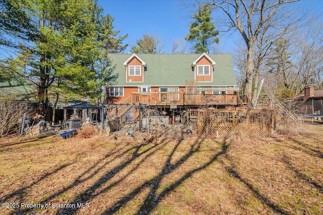 2119 Vacation Ln, Pocono Summit, PA 18346 - back of property featuring stairs, a wooden deck, and a gazebo